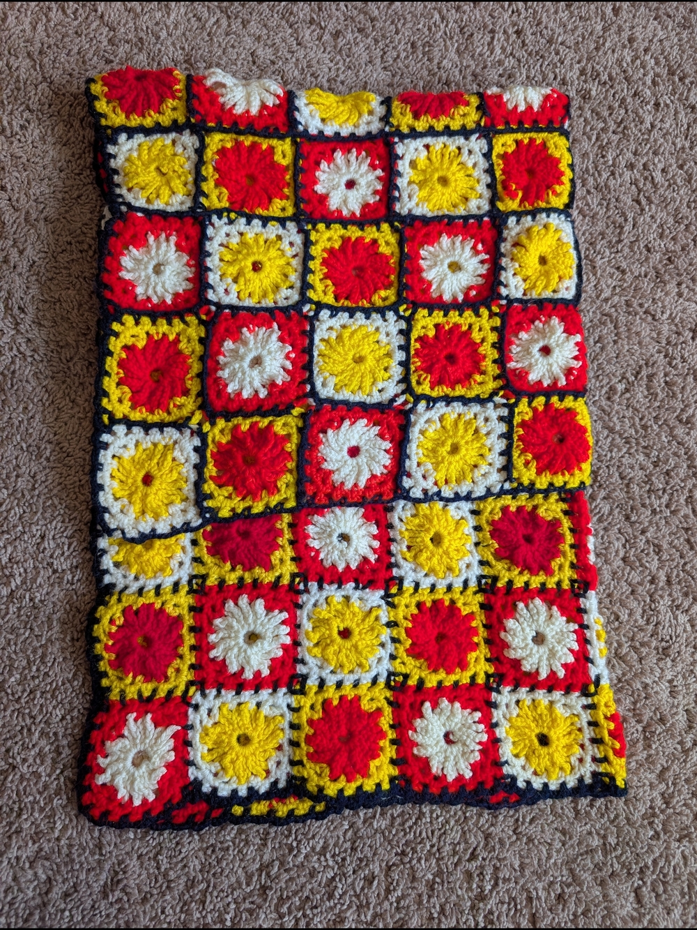 Vintage 70s Handmade Granny Square Blanket Afghan - 38”x31” - Vibrant Retro